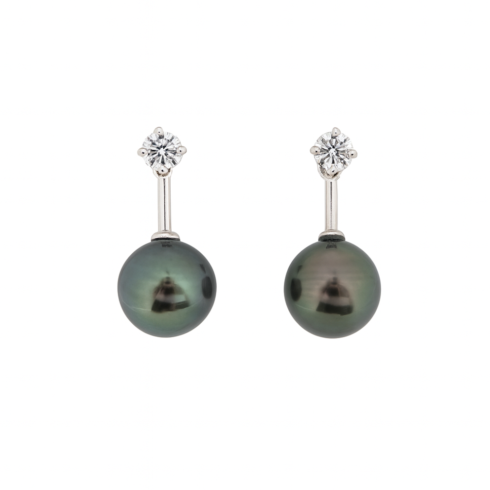 Tahitian pearl and diamond drops, set in white gold.